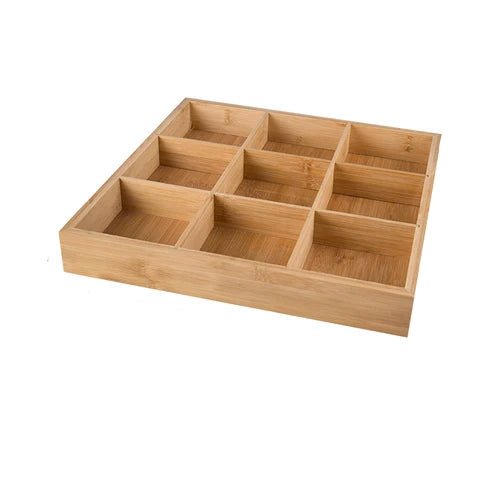 Natural bamboo square tray with nine equal compartments, white background — 9 Sections variant of the Bamboo Grid Serving & Organiser Tray by CL House