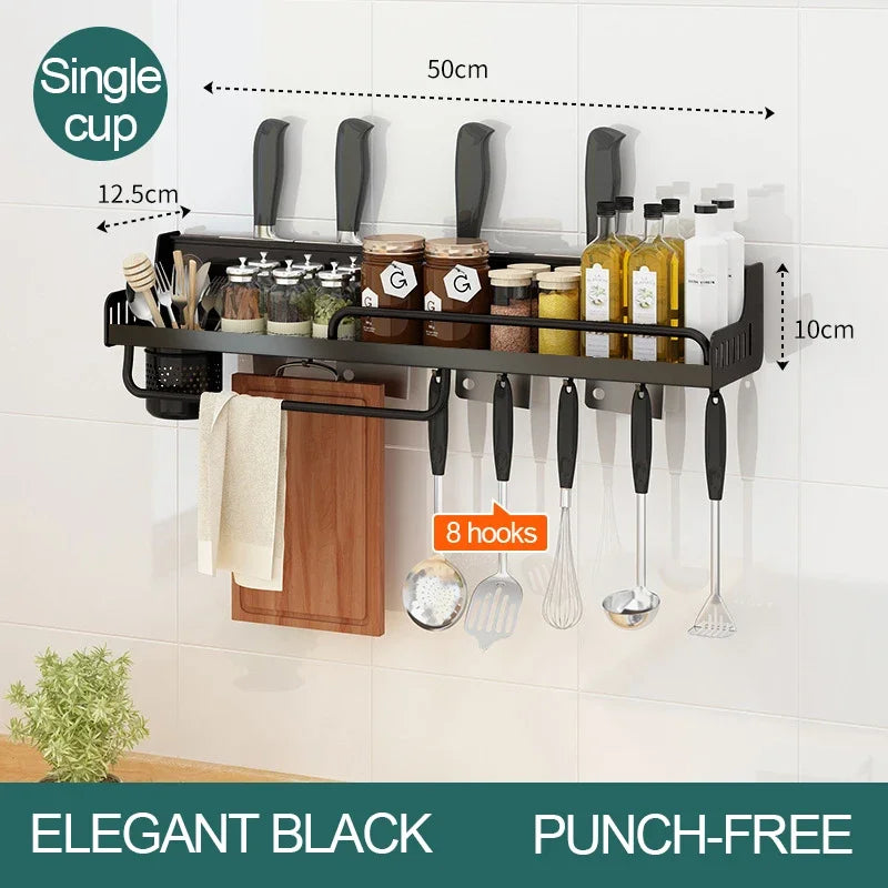 Matte black wall-mounted kitchen organiser shelf 50cm Single Cup configuration with 8 hooks, knife slots, spice shelf, towel bar and single organiser cup — dimensions 50 × 12.5 × 10 cm, dual-use drill or adhesive installation