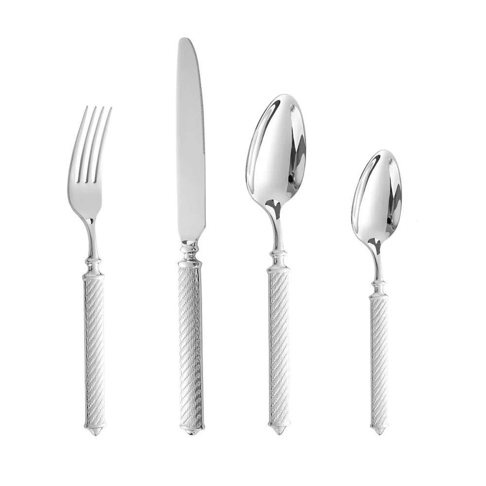  "Twisted Rope" silver stainless steel cutlery set — front view showing fork, knife, dinner spoon and tea spoon with engraved twisted rope handles — white background