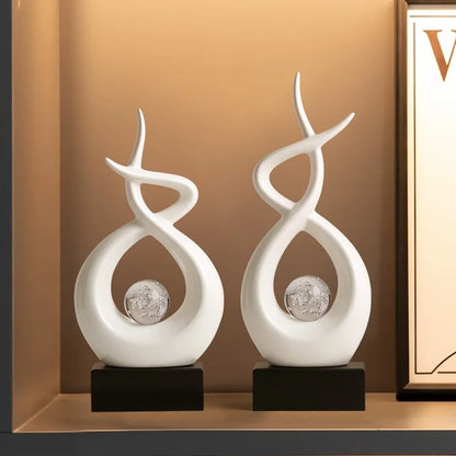 "Flame & Ember" abstract ceramic sculpture, Flame and Ember spiral forms with wood base, CL House