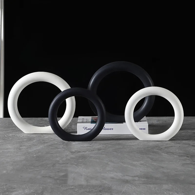 "Void Circle" Matte Ring Sculpture — all four sizes and colours (Obsidian and Chalk, Small and Large), minimalist ceramic ring set, japandi home decor