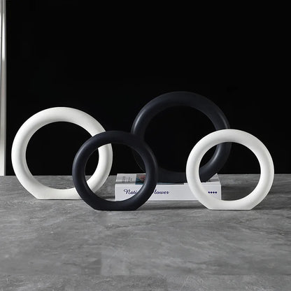 "Void Circle" Matte Ring Sculpture — all four sizes and colours (Obsidian and Chalk, Small and Large), minimalist ceramic ring set, japandi home decor