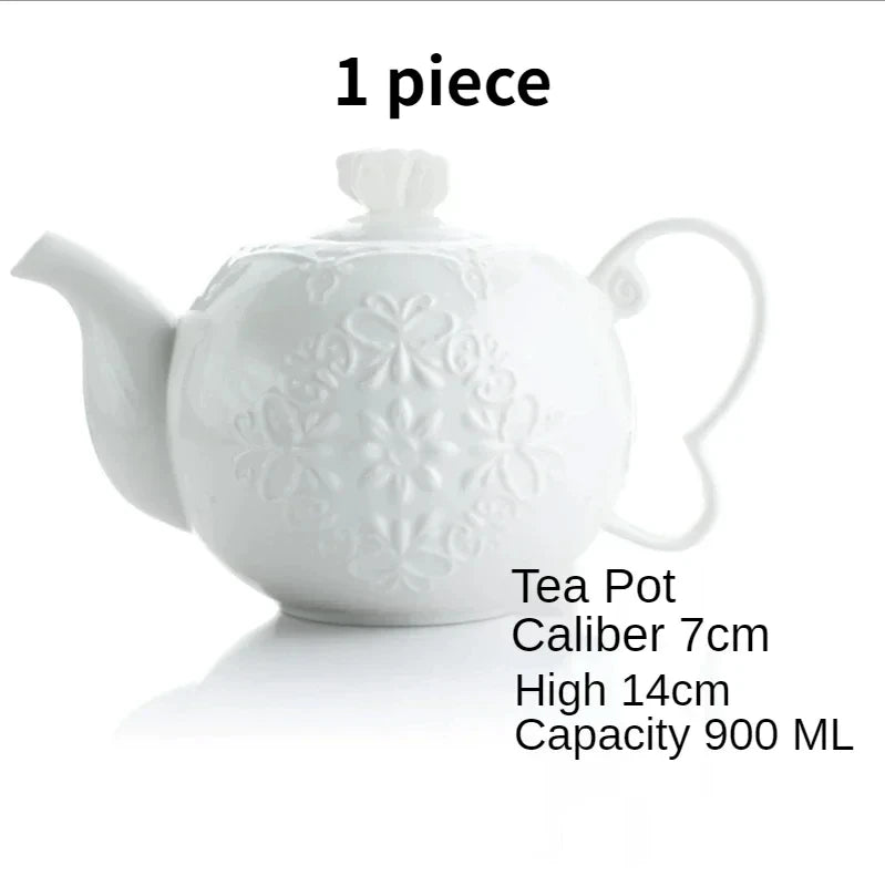  (Teapot):

"White embossed bone china teapot with floral relief and sculpted handle, British style — CL House Tea Time"