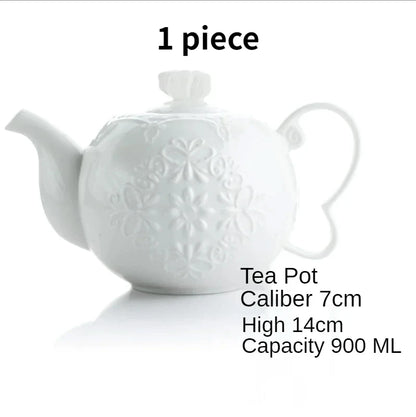  (Teapot):

"White embossed bone china teapot with floral relief and sculpted handle, British style — CL House Tea Time"