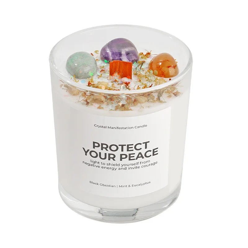  (Vanilla): "Protect Your Peace" crystal manifestation candle — Vanilla — ice white soy wax in glass jar with healing crystal — CL House