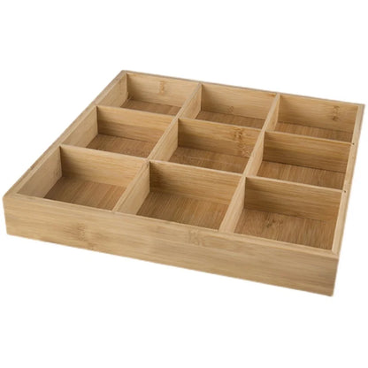 Natural bamboo square tray with nine equal compartments, white background — 9 Sections variant of the Bamboo Grid Serving & Organiser Tray by CL House