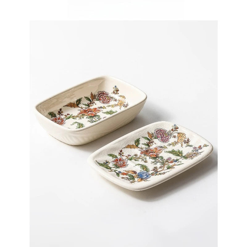 ectangular flat ceramic soap dish open view showing colourful botanical garden bloom interior print and crackle-glaze finish, on white background