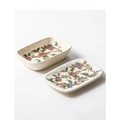 ectangular flat ceramic soap dish open view showing colourful botanical garden bloom interior print and crackle-glaze finish, on white background