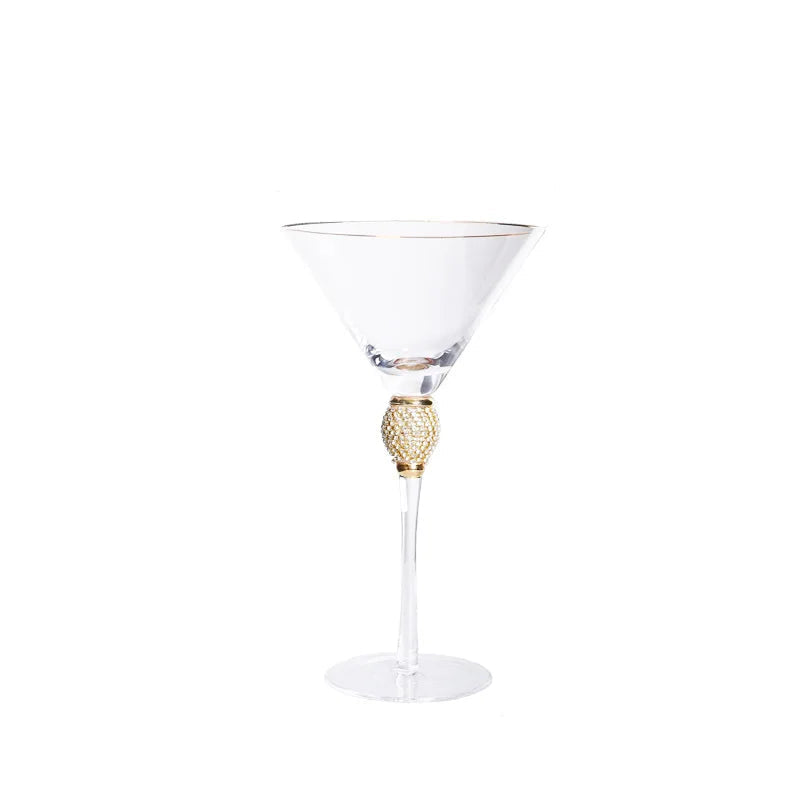 "Golden Jewel" Wine Glass with gold rim and micro-crystal bead stem, on a white background
