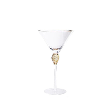 "Golden Jewel" Wine Glass with gold rim and micro-crystal bead stem, on a white background