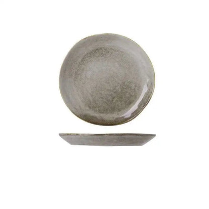 "Speckled Stone" ceramic dinner plate in warm grey with speckled reactive glaze — top view and side profile on white background