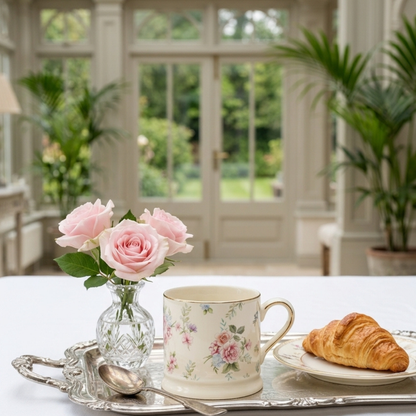 "English Garden" floral ceramic mug styled on a silver tray with pink roses and a croissant in an English conservatory — CL House & Home
