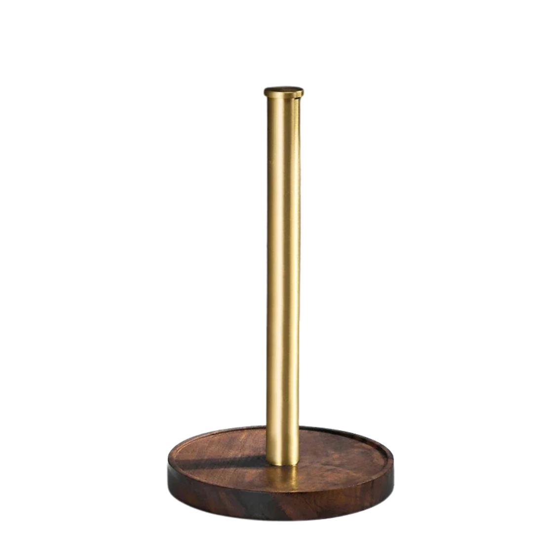 Freestanding paper towel holder with brushed gold stainless steel rod and round walnut wood base, white background.