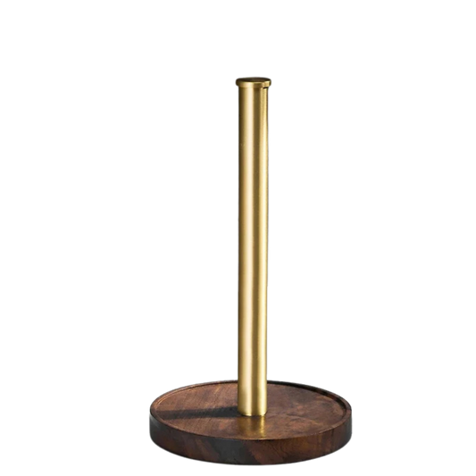 Freestanding paper towel holder with brushed gold stainless steel rod and round walnut wood base, white background.