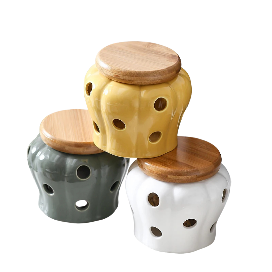Set of three pumpkin-shaped ceramic storage jars with bamboo lids in mustard yellow, slate grey and chalk white, CL House & Home