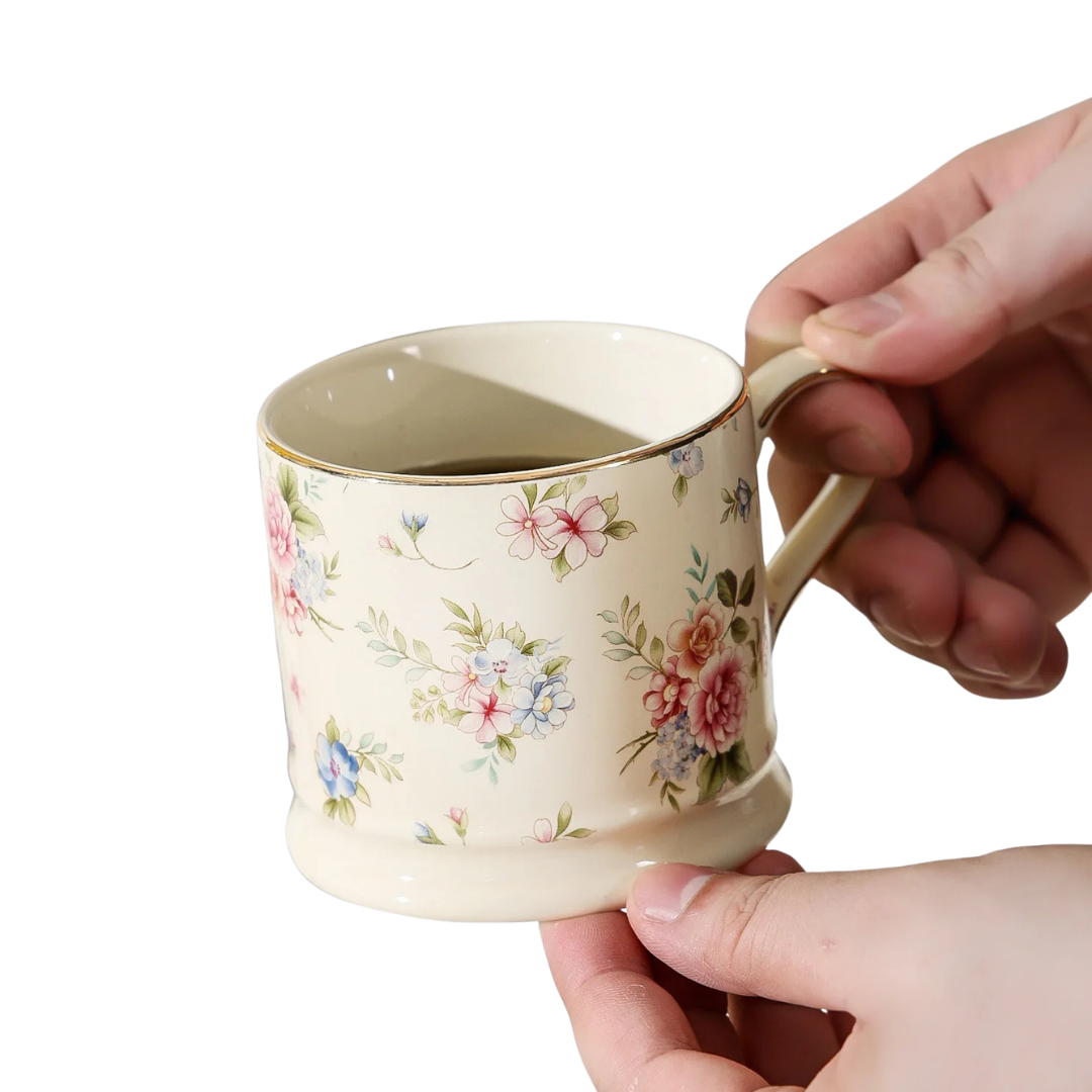 "English Garden" floral ceramic mug with pink roses, blush blooms and gold rim detail, white background — CL House & Home