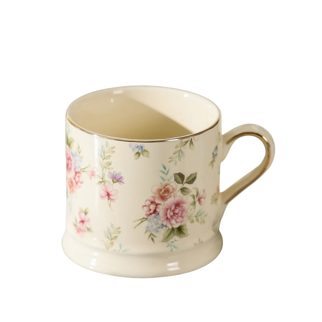 "English Garden" floral ceramic mug with pink roses, blush blooms and gold rim detail, white background — CL House & Home