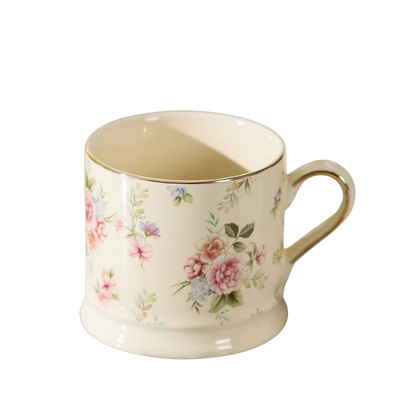 "English Garden" floral ceramic mug with pink roses, blush blooms and gold rim detail, white background — CL House & Home