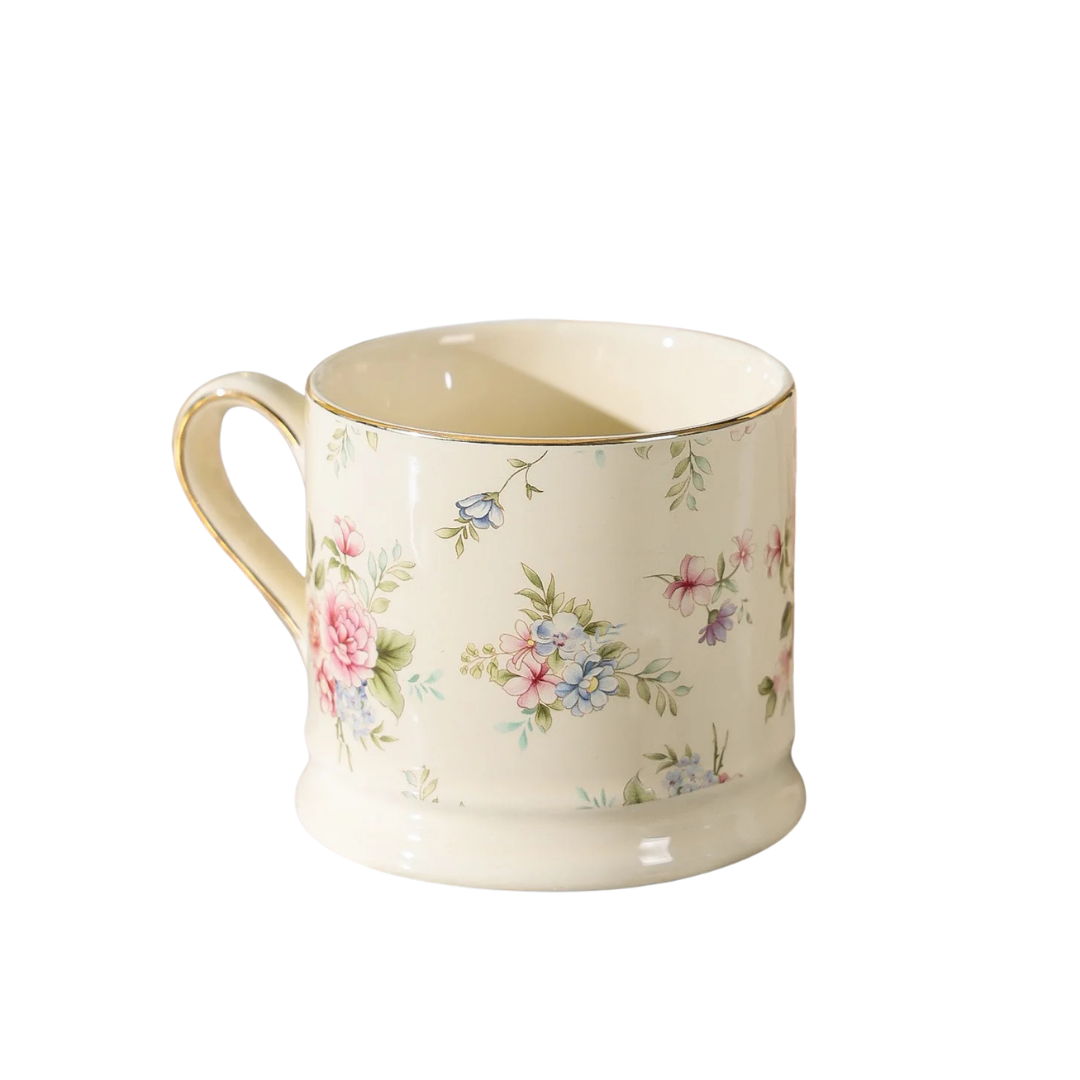 "English Garden" floral ceramic mug with pink roses, blush blooms and gold rim detail, white background — CL House & Home