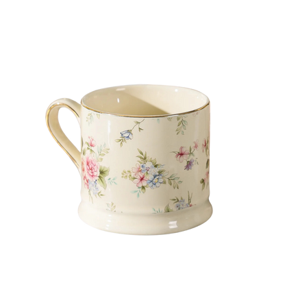 "English Garden" floral ceramic mug with pink roses, blush blooms and gold rim detail, white background — CL House & Home