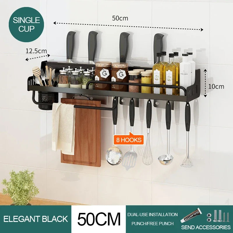 "Black Rail" Wall-Mounted Kitchen Organiser Shelf with Hooks