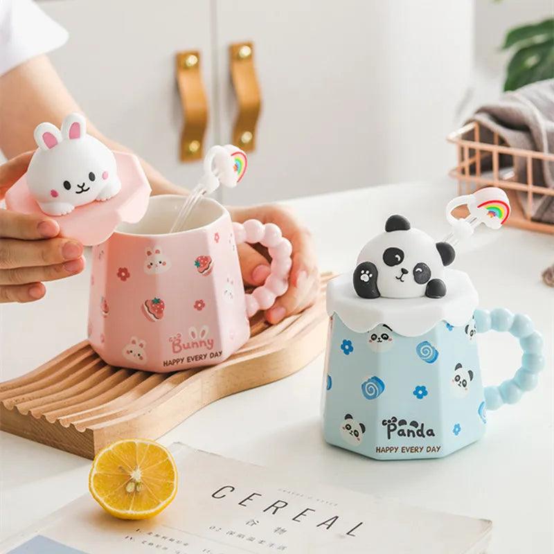 Cartoon Ceramic Mug Lid And Spoon Novelty Mug Kids Mug Cute Coffee Mug Gift Anime Kawaii