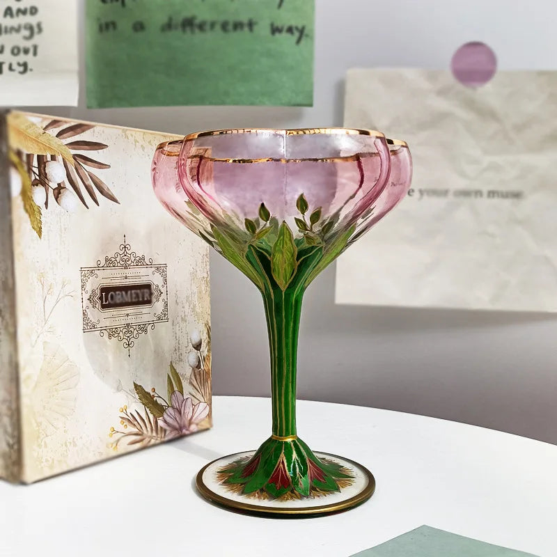 "Botanical Garden" hand-painted crystal martini glass with delicate floral motif — CL House Drinkware collection