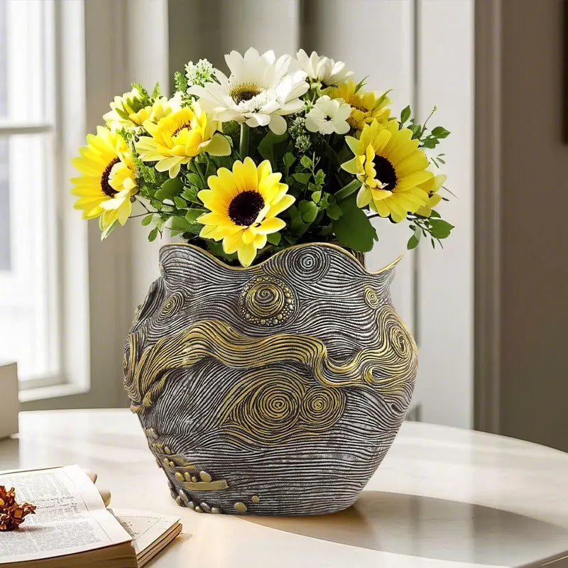 Van Gogh sunflower vase

Resin art flowerpot

Impressionist home decor 

Artistic gift for her

Modern living room accessories

Sunflower bookshelf decor

Decorative resin vase

Art history home gifts

High-end floral container