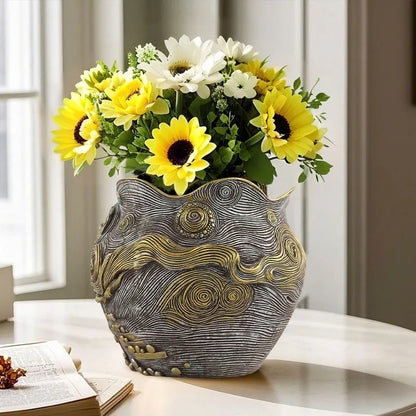Van Gogh sunflower vase

Resin art flowerpot

Impressionist home decor 

Artistic gift for her

Modern living room accessories

Sunflower bookshelf decor

Decorative resin vase

Art history home gifts

High-end floral container