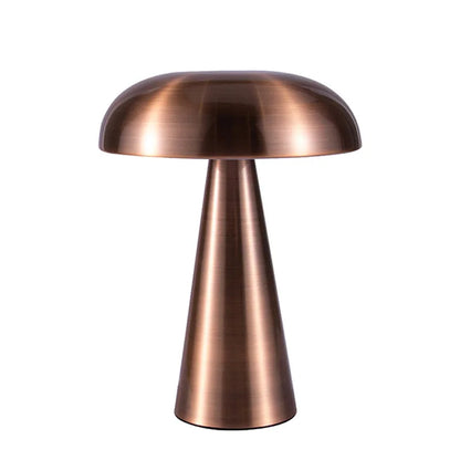 Cap & Glow mushroom table lamp in Rose Gold brushed metal finish, with a wide domed shade and conical base, on a white background.