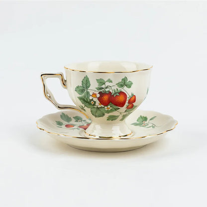 "Cream porcelain teacup and saucer with lemon botanical print pattern C and gold trim, 240ml — CL House Tea Time"