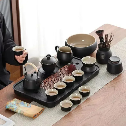 Gongfu Cha Pan Stone & Wood Drainage Tea Tray – full Gongfu tea set styled with teapot, cups, gaiwan and tea tools | CL House