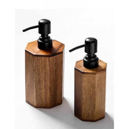  Large and small octagonal acacia wood soap dispensers with matte black pumps, warm walnut finish, side by side comparison, white background