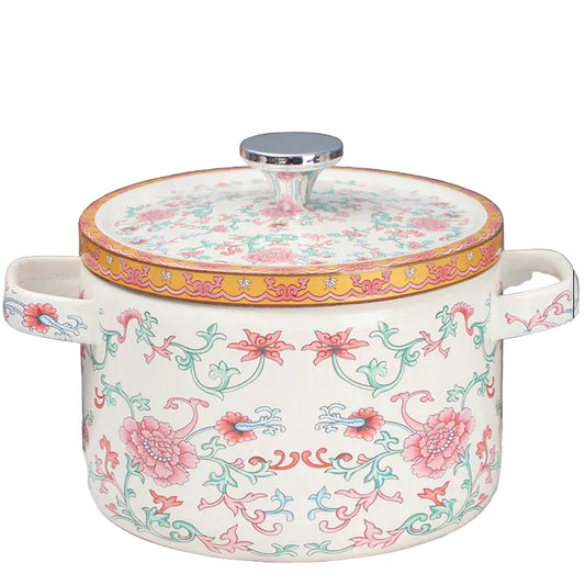Floral enamel casserole with lid, Lotus Bloom design — larger 5.3L size, pink lotus flowers and green trailing vines on cream enamel, amber gold border, steel knob, white background — Peony Garden by CL House