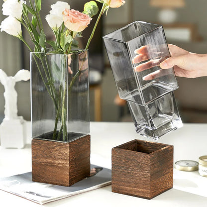 "Timber & Glass" Square Stem Vase — Wide 9.5 × 25cm and Slim 7.5 × 25cm side by side, clear glass and dark wood, zen decor