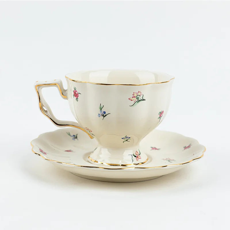 "Cream porcelain teacup and saucer with lemon botanical print pattern B and gold trim, 240ml — CL House Tea Time"
