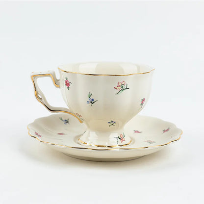 "Cream porcelain teacup and saucer with lemon botanical print pattern B and gold trim, 240ml — CL House Tea Time"