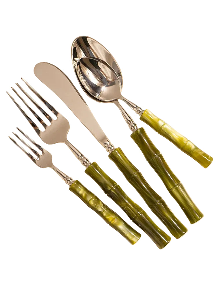 "Jade Stem" Sage Green cutlery set — 5 pieces on white background showing dinner fork, dessert fork, knife, dinner spoon and tea spoon with sculpted resin bamboo-style handles — product shot