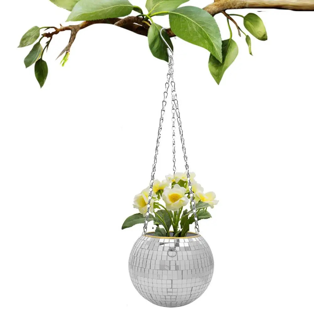 Disco ball planter

Mirrored hanging basket

Retro plant pot

Mirror ball flower vase

Boho-glam home decor

Hanging globe planter

Funky indoor garden accessories

Plant lover gift UK

Reflective hanging pot