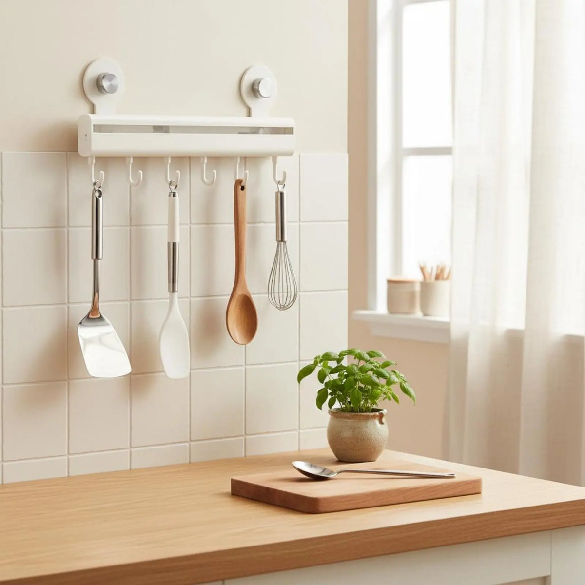 Cream adhesive wall-mounted kitchen hook rail on white tiles holding a spatula, white silicone spatula, wooden spoon and whisk above a wooden countertop with a potted basil plant, CL House & Home