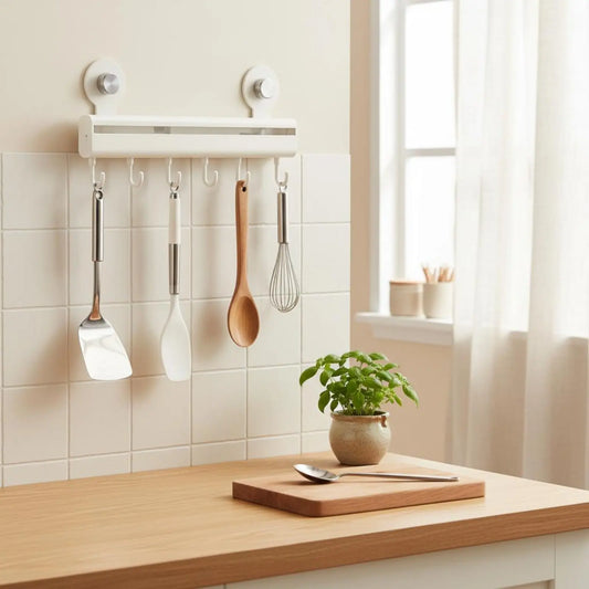 Cream adhesive wall-mounted kitchen hook rail on white tiles holding a spatula, white silicone spatula, wooden spoon and whisk above a wooden countertop with a potted basil plant, CL House & Home