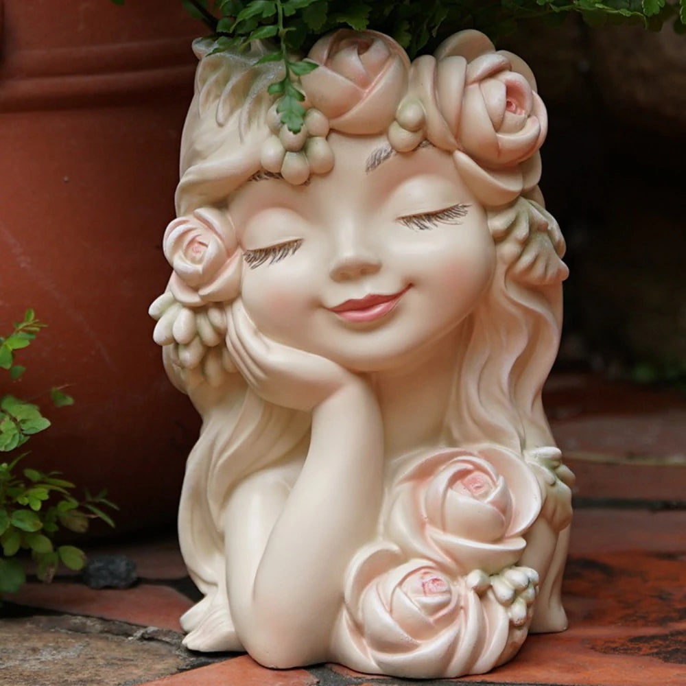 "Rose Muse" resin fairy head planter in Blush Cream — close-up detail of sculpted face with rose and berry crown