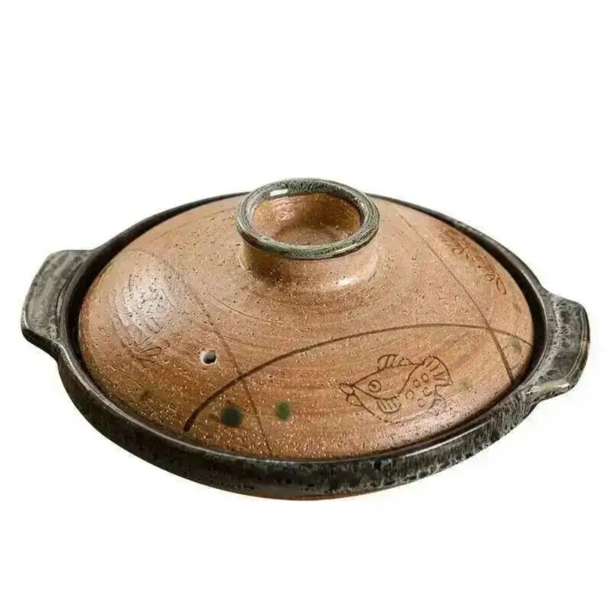 "Fish & Grass" ceramic donabe casserole — angled view on white background showing sandy terracotta lid with hand-etched fish motif and dark green glazed rim and handles — product shot
