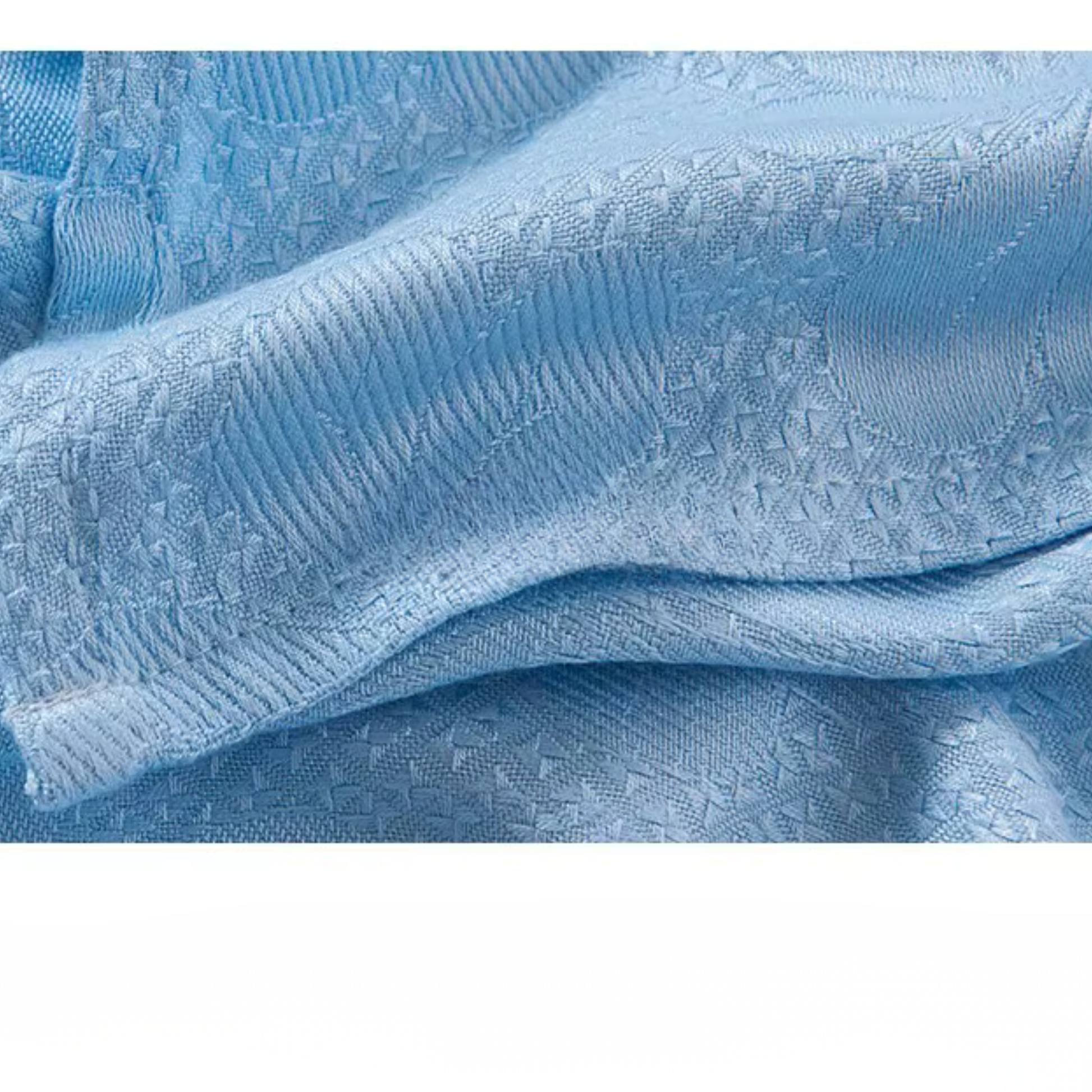 Close-up of jacquard woven texture on "Aqua Weave" bamboo fibre cooling blanket in Sky Blue — soft ribbed pattern with a silky smooth finish