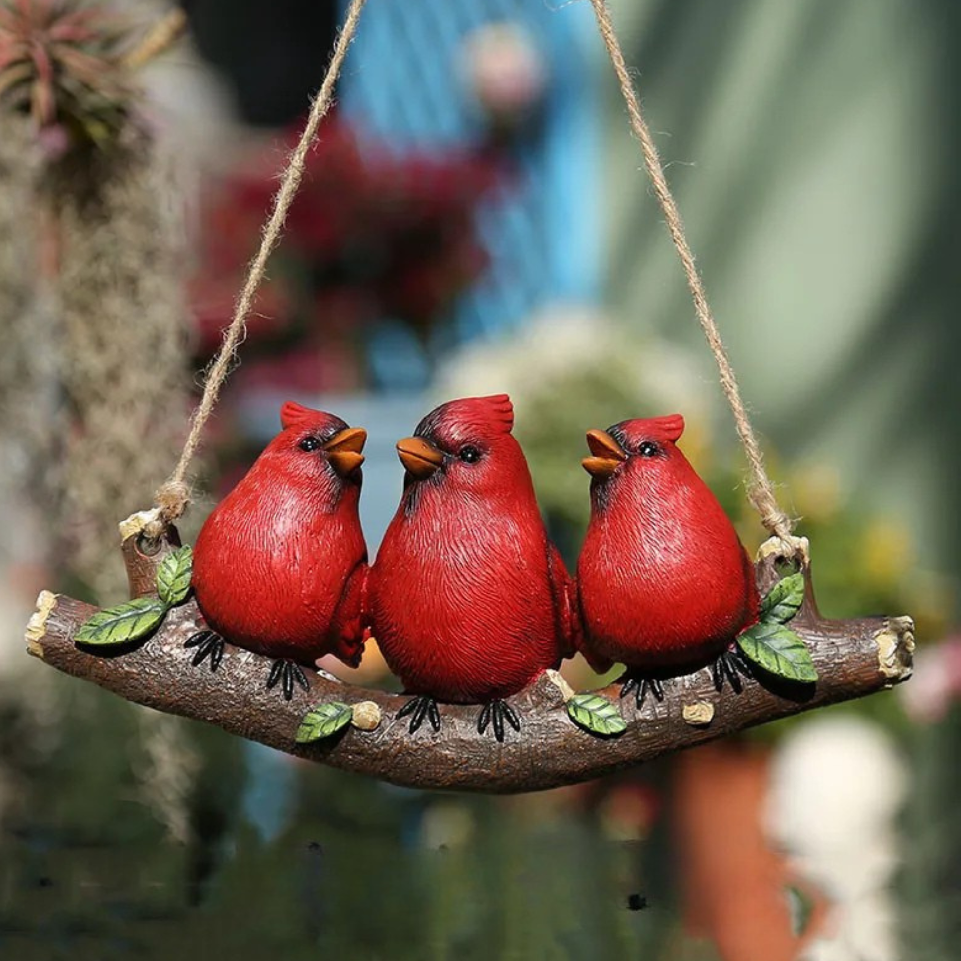 "Wild Perch" hand-painted resin red cardinal trio on hanging branch ornament with jute rope, displayed in lush garden setting with terracotta pots