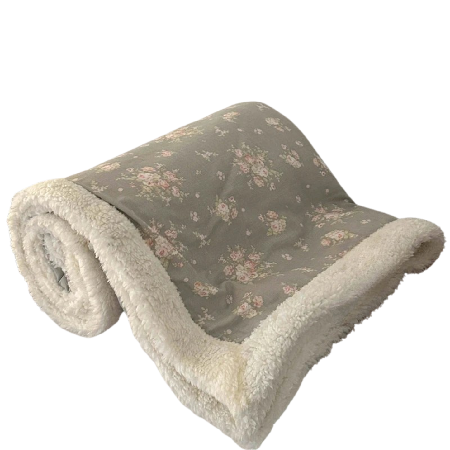 Floral Stone double-layer sherpa throw blanket rolled and displayed against a white background, showing a scattered vintage floral bouquet print in blush pink and dusty rose on a warm grey-green velvet top layer with a plush cream sherpa reverse