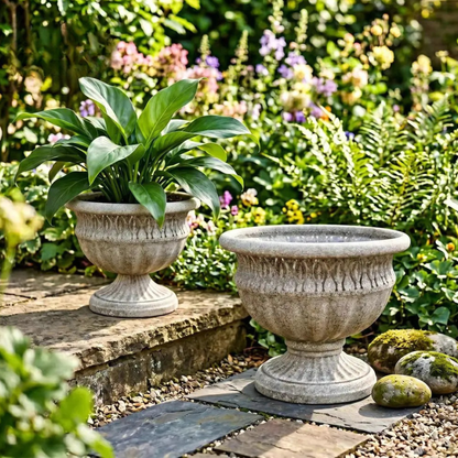 "Roman Urn" ornate stone-texture garden urn planters styled as a pair in a lush English cottage garden, one with hosta plant, Stone Grey finish, placed on stone steps surrounded by wildflowers and ferns