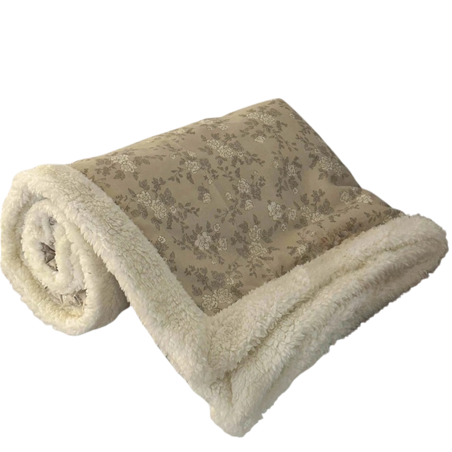  Floral Sage double-layer sherpa throw blanket rolled and displayed against a white background, showing an all-over ditsy floral print in sage green and ivory on a warm taupe velvet top layer with a plush cream sherpa reverse

