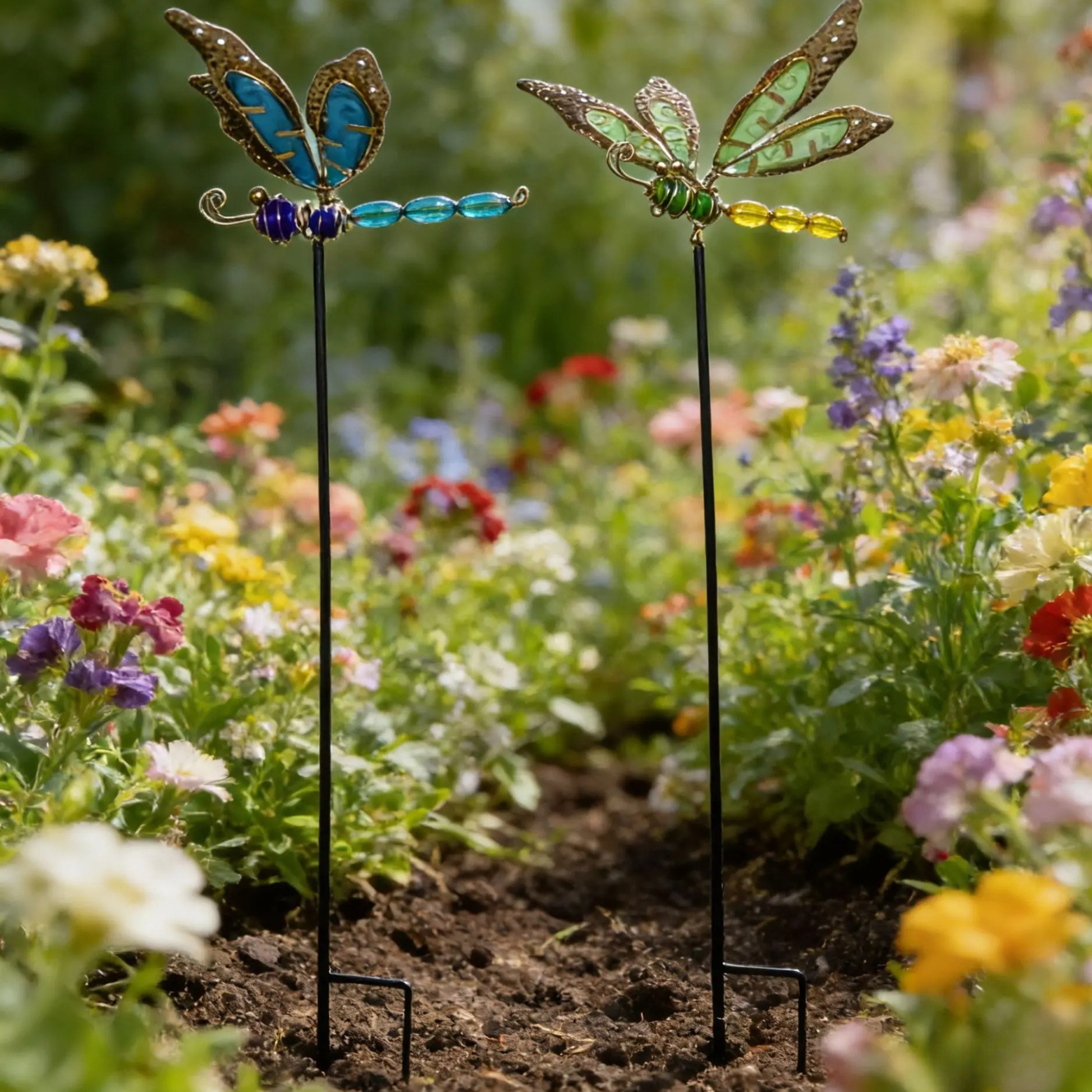 "Garden Wings" set of 2 luminous metal dragonfly garden stakes with filigree wings in blue-copper and green-gold, displayed in a colourful wildflower garden border