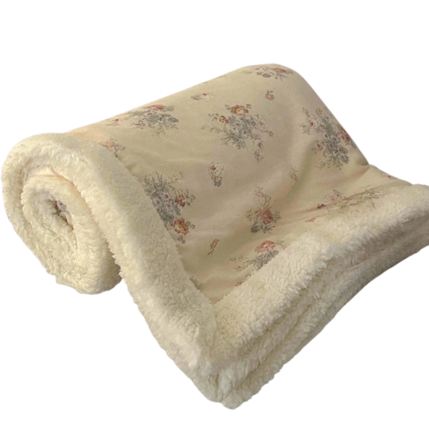  Floral Cream double-layer sherpa throw blanket rolled and displayed against a white background, showing a delicate botanical print on a cream velvet top layer with a plush ivory sherpa reverse